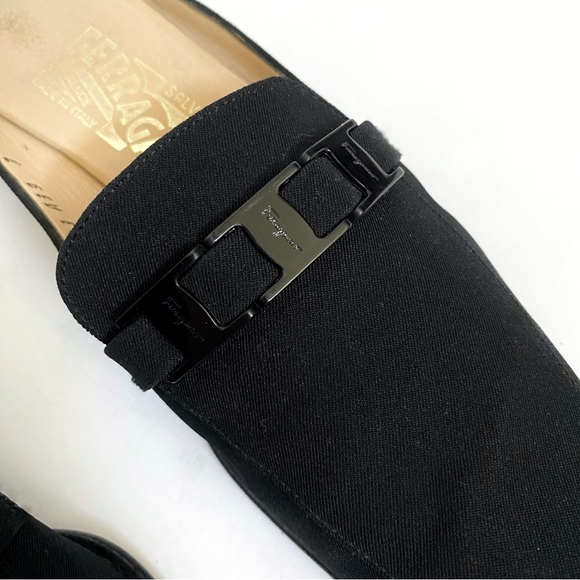 SALVATORE FERRAGAMO black fabric buckle strap detail slip on mules loafer - Picture 8 of 13
